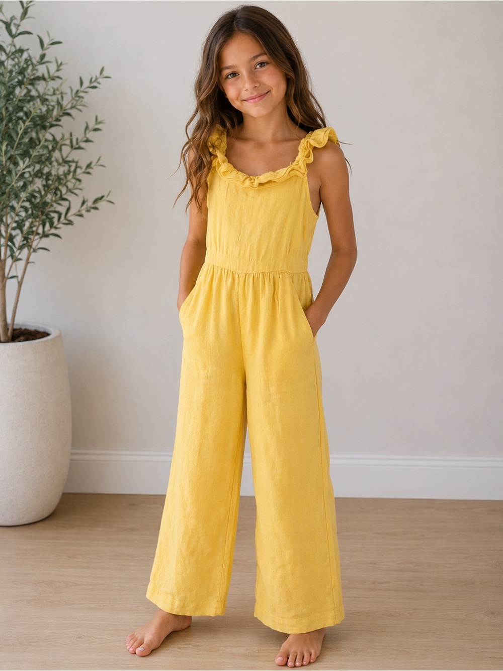 Zara Sunflower Yellow Ruffled Strap Jumpsuit- Girls size 10